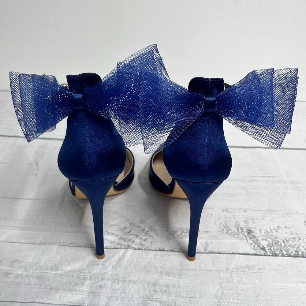 Navy Blue Satin Ultra High Heels Shoes size 9 Mesh Bow Prom Wedding Cocktail - Picture 6 of 12